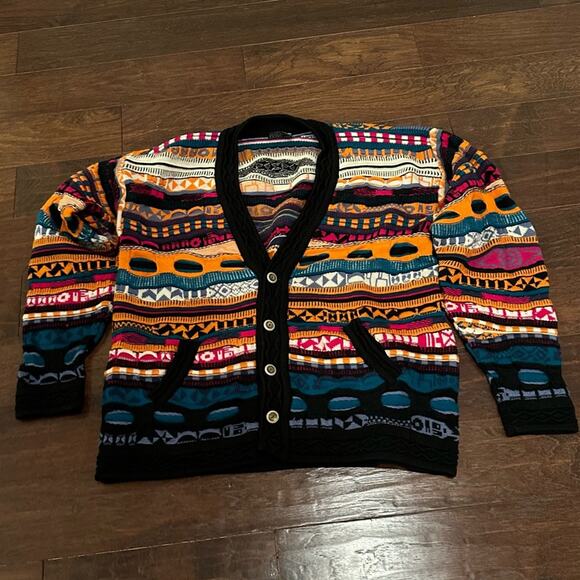 Vintage COOGI Australia Cardigan Sweater VTG Knit 100% Pure Wool Funky Unique XL - Picture 7 of 16